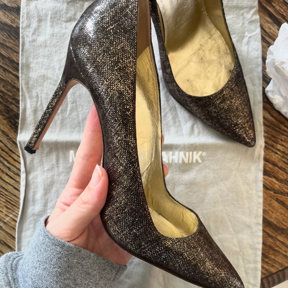Manolo Blahnik BB Pumps Dark Gold Glitter Bronze Metallic